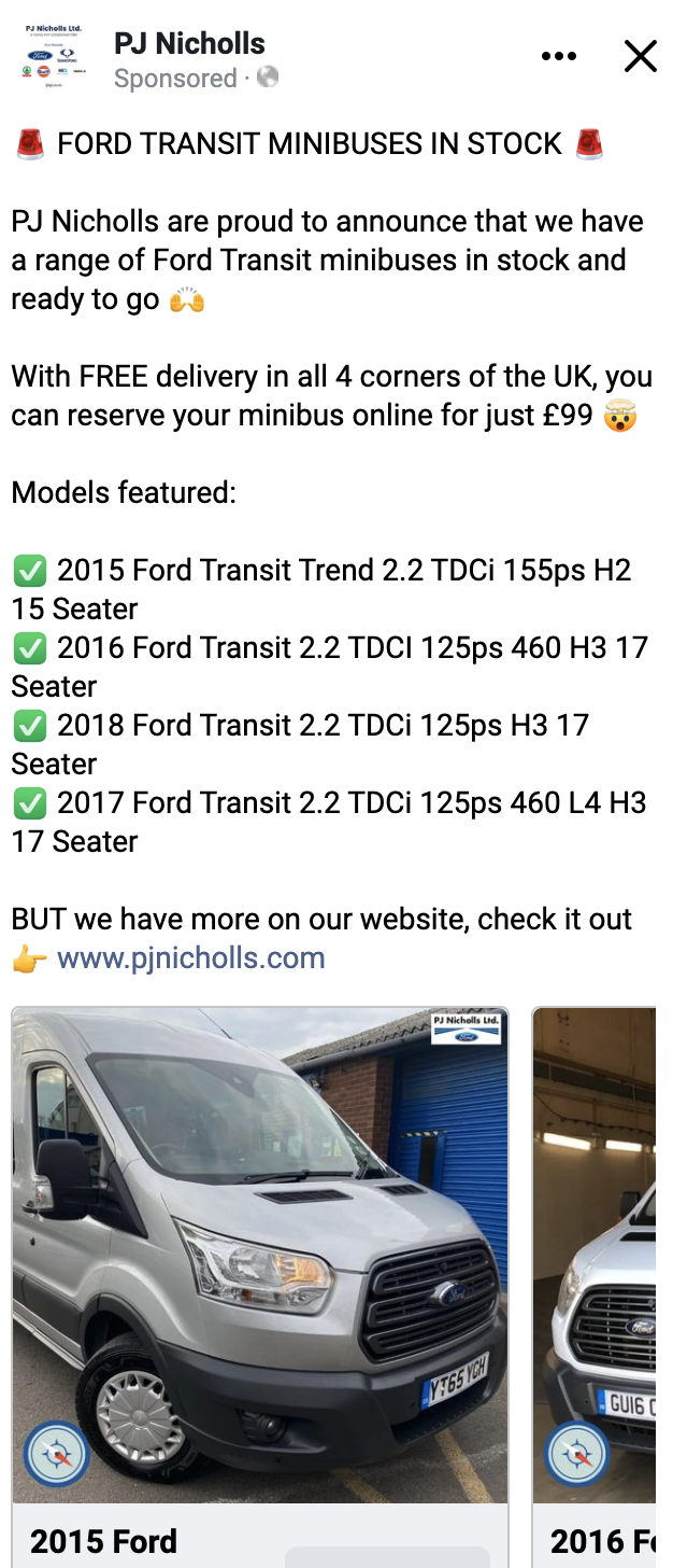 A screenshot of a Facebook carousel advert with text, emojis and an image of a transit minibus